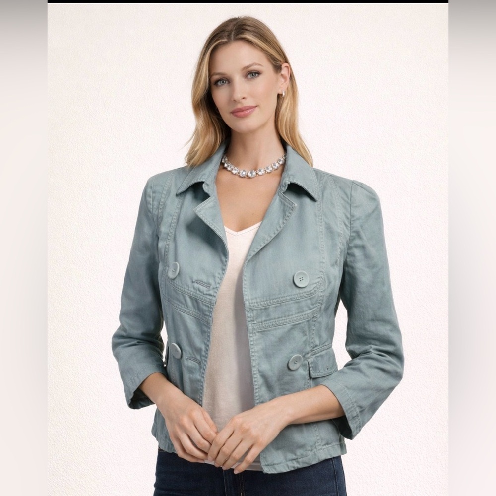 AMBITION Blazer Size Small Nice Blue 3/4 Sleeves Double Breasted Stretch